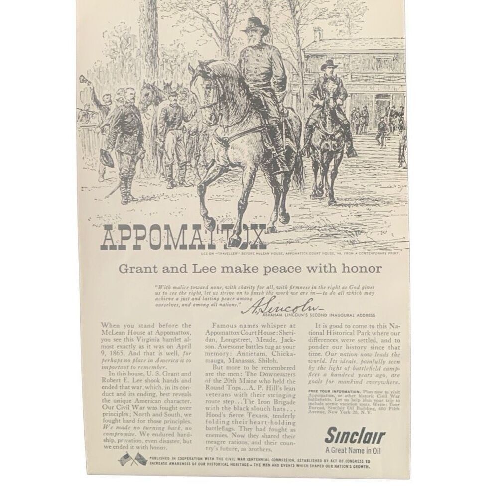 Vintage 1960 Sinclair Oil Appomattox Grant Lee Make Peace Ad Advertisement
